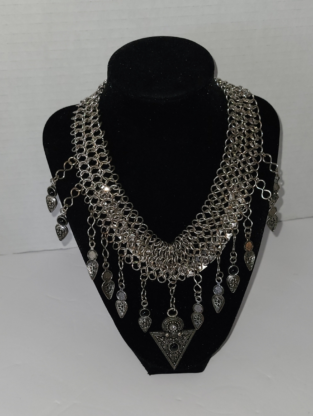 Silver Tone Filigree Fringe Statement Necklace BIB -CHAINMAIL